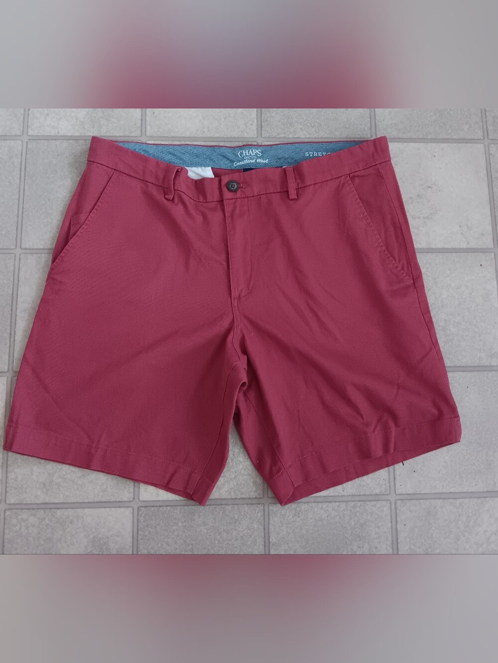 Chaps Coastland Wash Mens Stretch Chino Shorts Red Maroon Size 36 Flat Front